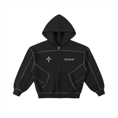 Contrast-Stitched Boxy Fleece Zip Hoodie