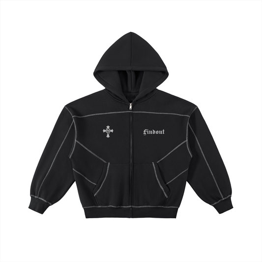 Contrast-Stitched Boxy Fleece Zip Hoodie